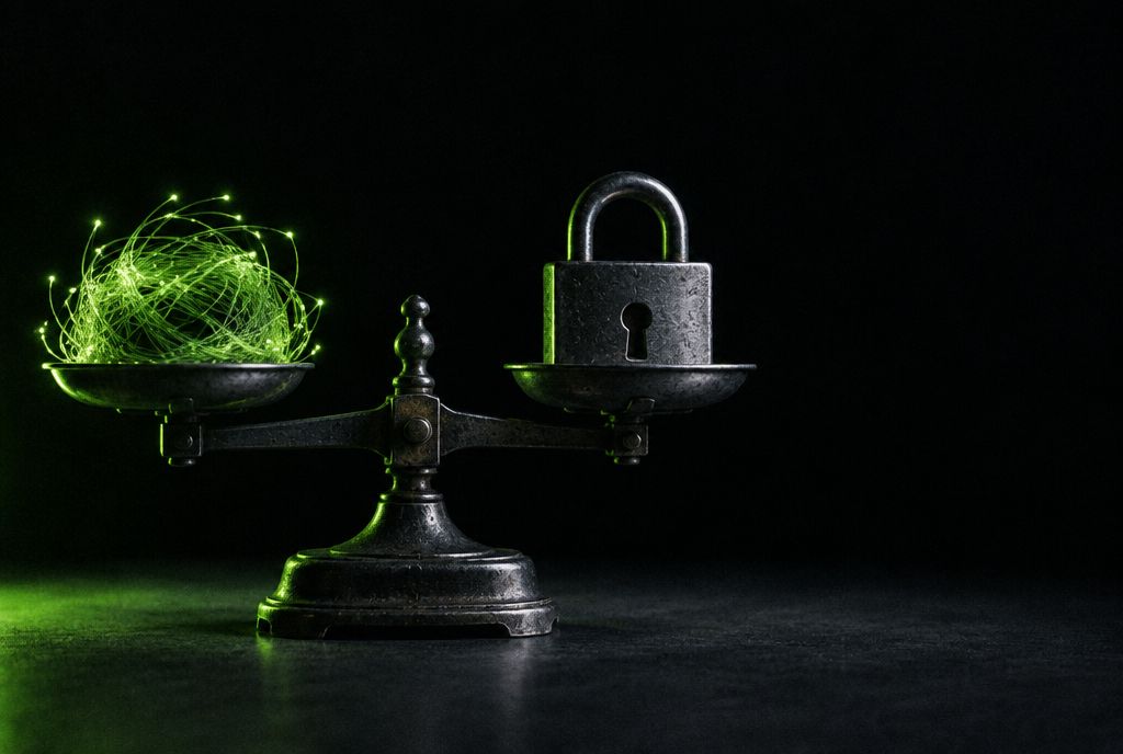 A brass balance scale weighing glowing fibre-optic threads against a steel padlock