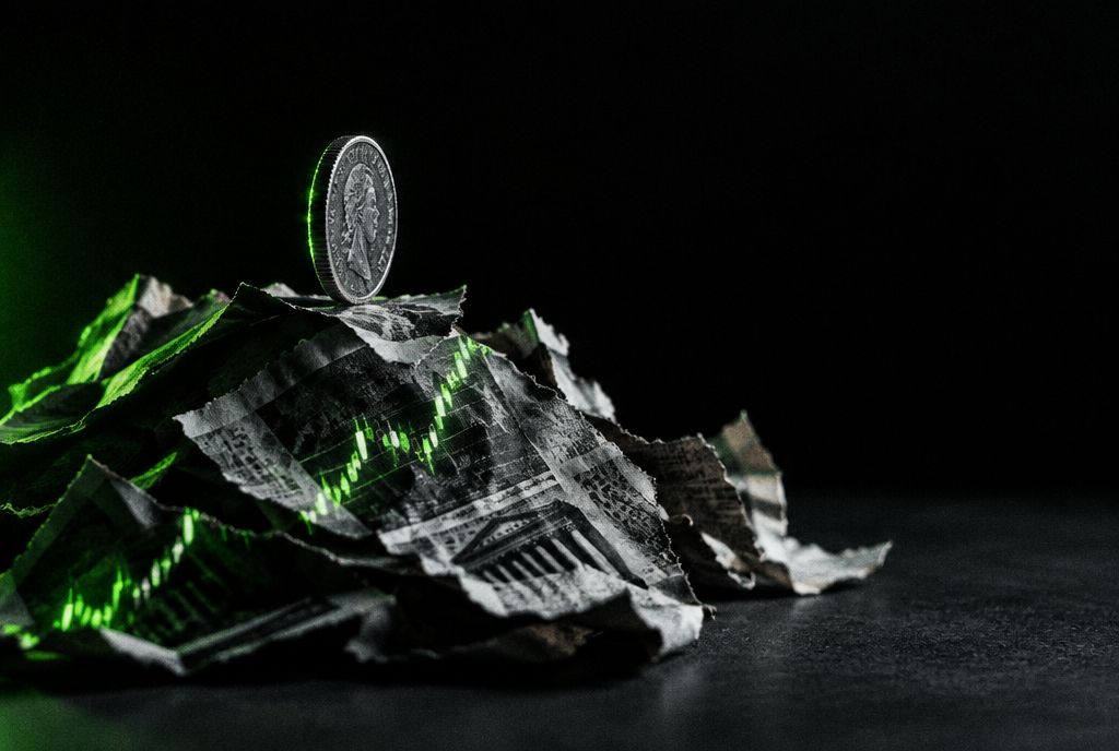 A gold coin balanced on crumpled newspaper lit by a glowing price chart