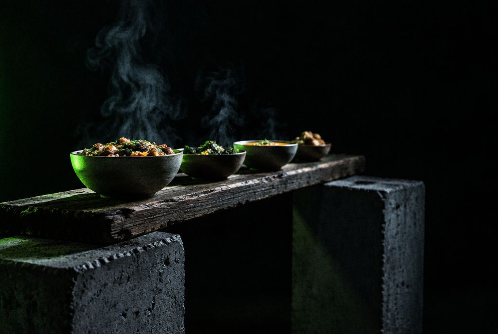 Bowls of steaming food on a wooden plank bridging two concrete blocks