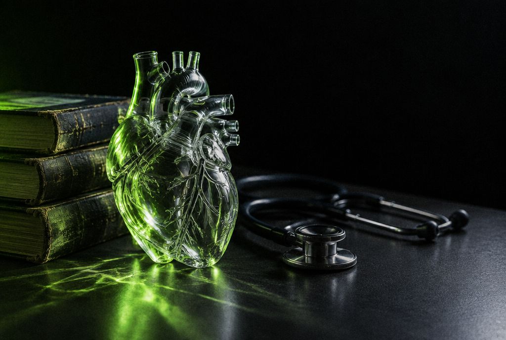 A glass anatomical heart on a desk beside textbooks and a stethoscope