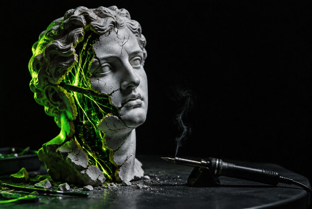 A cracked plaster head with glowing circuitry inside the cracks, beside a soldering iron